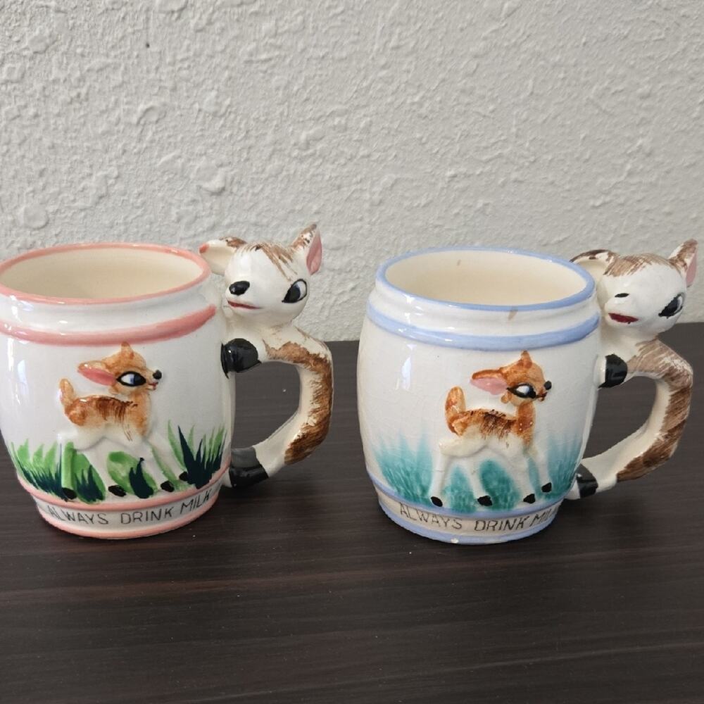 Vintage, hand-painted ceramic mug from the 1960s, featuring a Bambi deer design